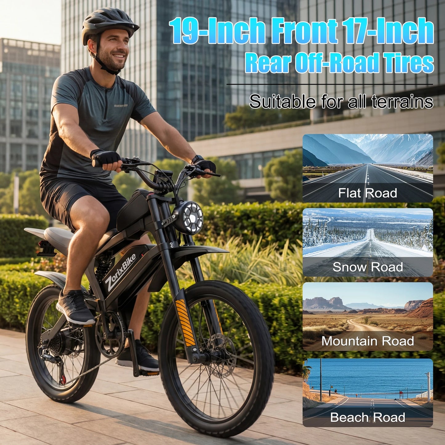 ZorixBike R8Max Adult Ebike 3000W Motor 35 MPH 48V 20Ah Lithium-Ion Battery 40-80 Mile Range Front 19"/ Rear 17"  Off-Road Tires