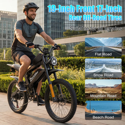 ZorixBike R8Max Adult Ebike 3000W Motor 35 MPH 48V 20Ah Lithium-Ion Battery 40-80 Mile Range Front 19"/ Rear 17"  Off-Road Tires