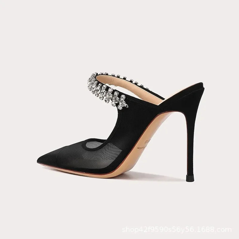 2024 New One Word Water Diamond Women's Summer Baotou Mesh Fine Heels Pointed High Heels Black Slippers
