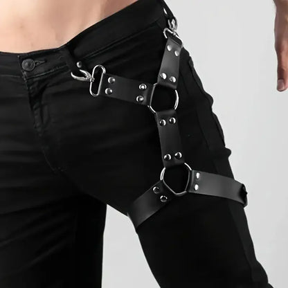 Adjustable Black Faux Leather Leg Harness Belt with Metal Buckles-Unisex Street Style for Performances,Retail Shows,and Casual W