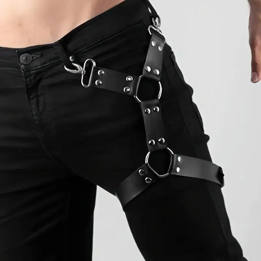 Adjustable Black Faux Leather Leg Harness Belt with Metal Buckles-Unisex Street Style for Performances,Retail Shows,and Casual W