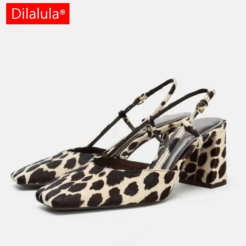 Dilalula 2026 Horsehair women's Leopard Sandals Covered Toe High Thick Heels Sexy Party Dating Summer Slingback Sandals Lady