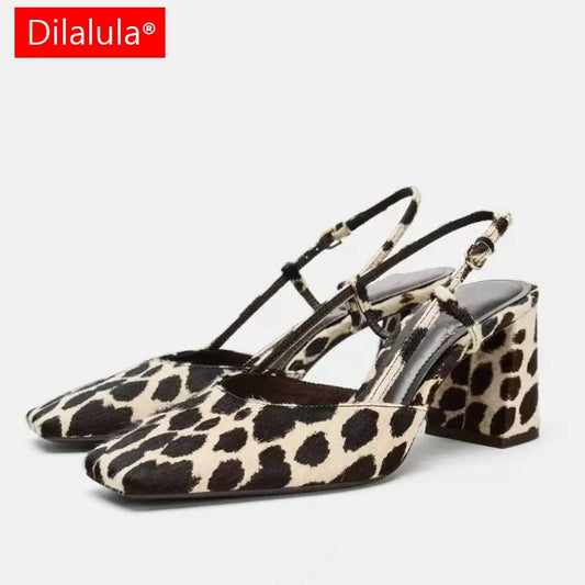 Dilalula 2026 Horsehair women's Leopard Sandals Covered Toe High Thick Heels Sexy Party Dating Summer Slingback Sandals Lady