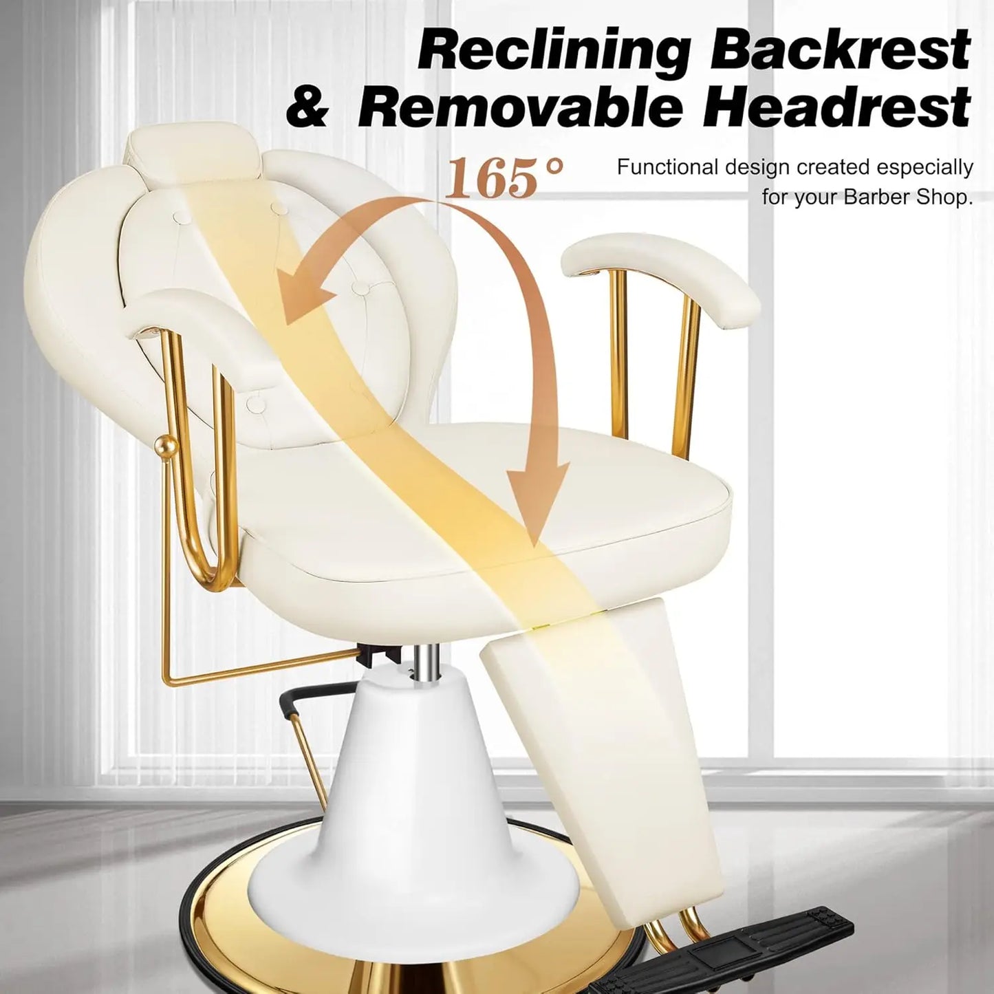 Cream Reclining Salon Chair Hydraulic 360° Swivel Adjustable Headrest 440lbs Capacity Barber Styling Seat, Customized