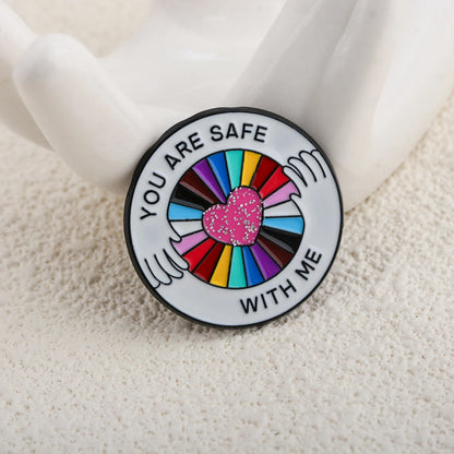 You Are Safe With Me Rainbow Glitter Heart Enamel Pin LGBT Pride Lapel Brooch Positive Quote Friendship Backpack Gift