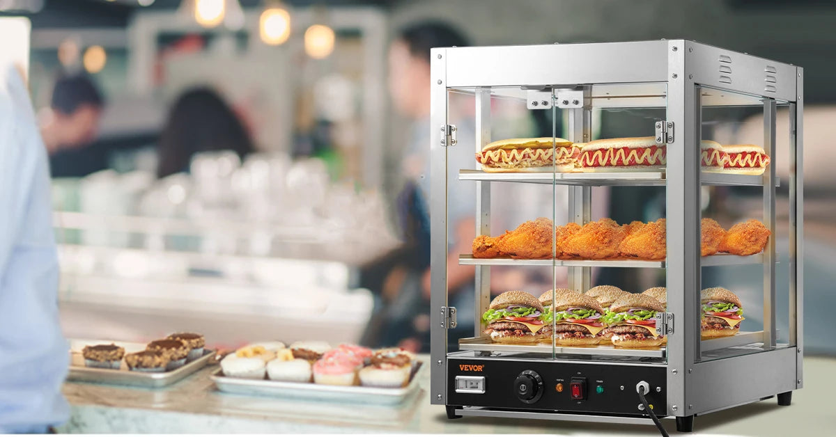 SucceBuy 2/3 Tiers Countertop Food Warmer Commercial 3D Heating Pizza Pastry Warmer with Temp Knob Display Kitchen Appliance