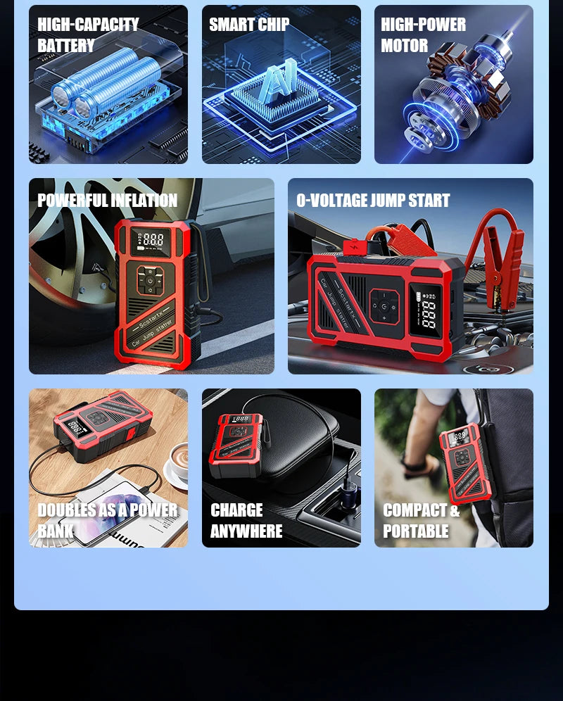 Portable 150PSI air pump, emergency car jump starter, power bank, LED lighting, air compressor,car starter suitable for all cars