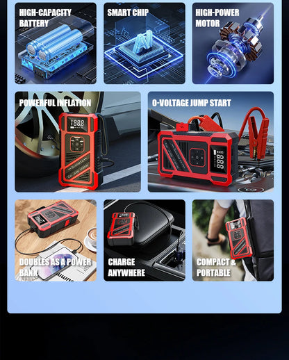 Portable 150PSI air pump, emergency car jump starter, power bank, LED lighting, air compressor,car starter suitable for all cars