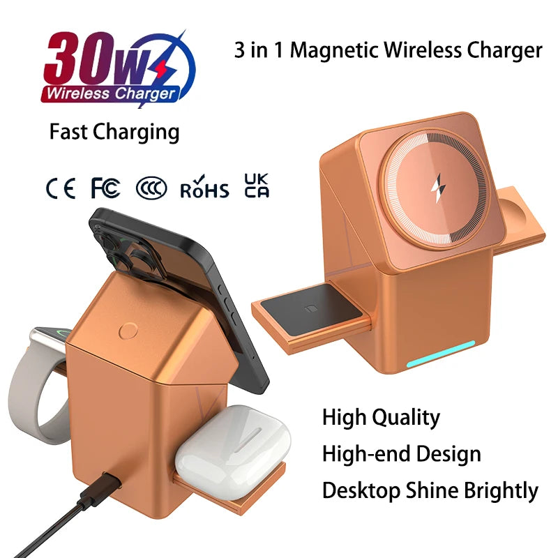 2025 Touch Auto-Rotating Qi2 3 in 1 Magnetic Wireless Charger Stand For iPhone Samsung Xiaomi OPPO 30W Fast Charging