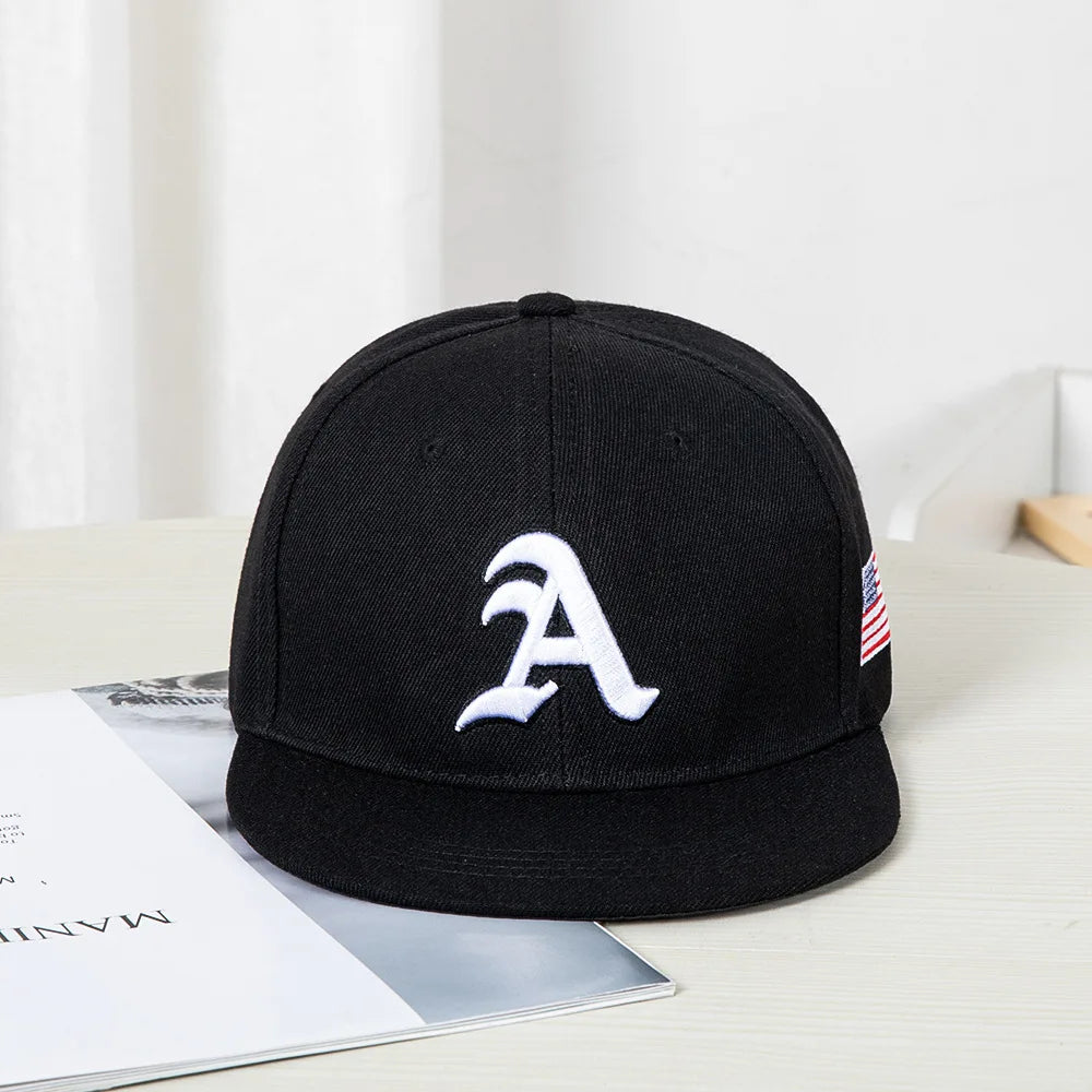 Hip-hop style baseball cap with a flat top, color patching, letter embroidery. Suitable for both women and men