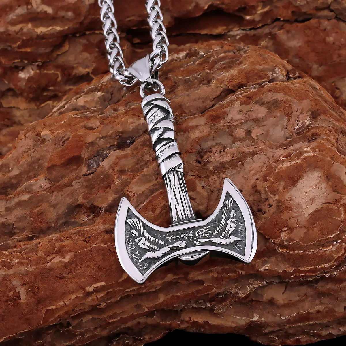 Stainless Steel Vikings Axe Necklace Mixed Gold Color Odin Raven Pendant Men's Personality Rune Amulet Gift for Boyfriend
