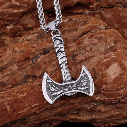 Stainless Steel Vikings Axe Necklace Mixed Gold Color Odin Raven Pendant Men's Personality Rune Amulet Gift for Boyfriend