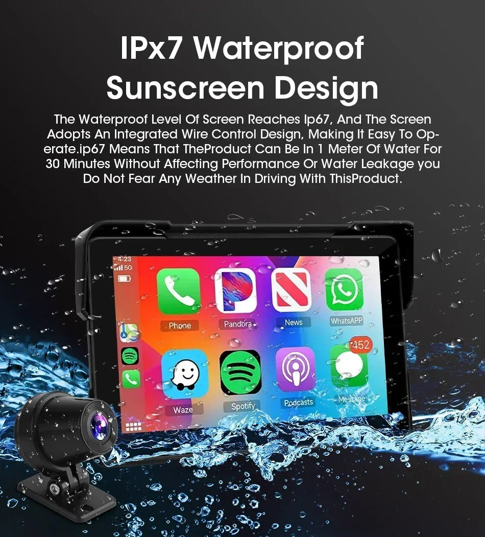 7 inch Portable Motorcycle Navigation Support 2K Camera  IPX7 Waterproof LCD Display For Wireless CarPlay Android Auto