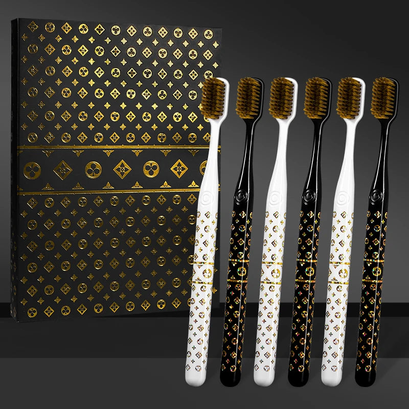 [6-Pcs Gift Boxes] New high-looking black gold printed small head household couple travel soft-bristle toothbrush