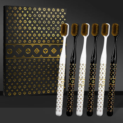 [6-Pcs Gift Boxes] New high-looking black gold printed small head household couple travel soft-bristle toothbrush