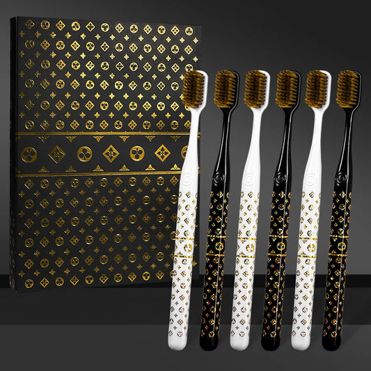 [6-Pcs Gift Boxes] New high-looking black gold printed small head household couple travel soft-bristle toothbrush