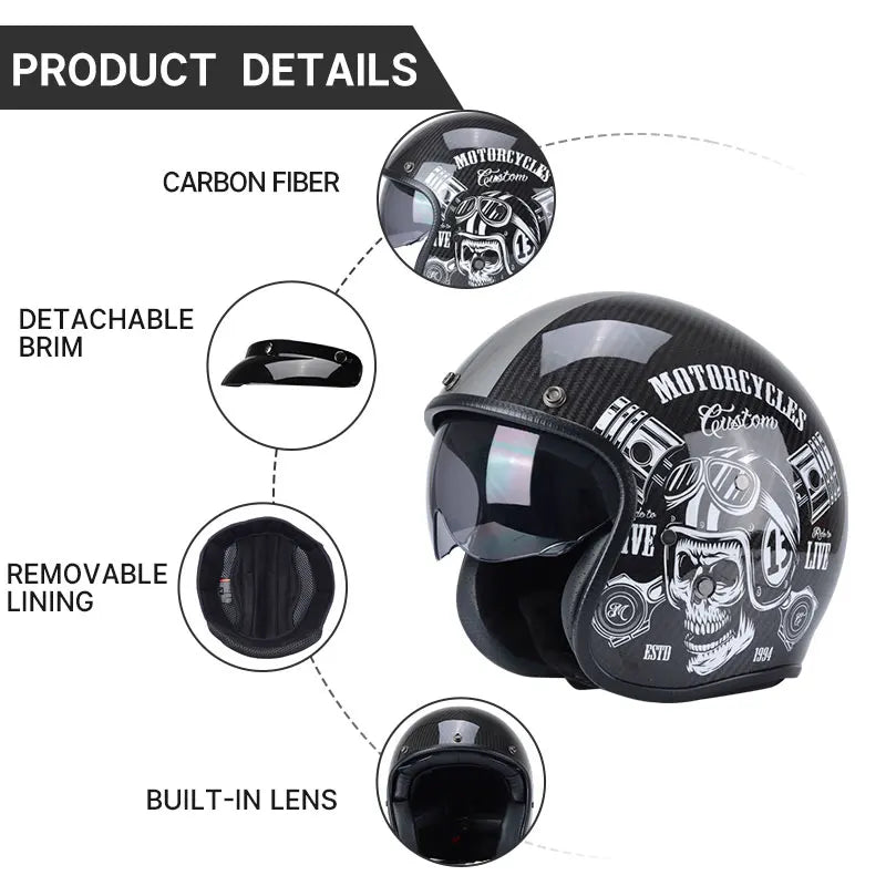 Durability 3K Carbon Fiber Black Gold Open Face Electric motorcycle Helmet for Man Woman DOT-Approved Enhance Riding Experience