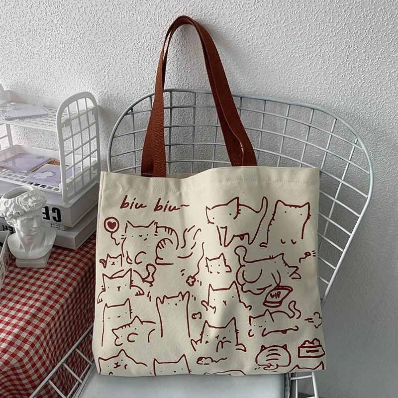 Canvas Bag Womens Handbag Shopping Bag Cute Cat Zipper Handbag Designer Bag Japanese Style Cartoon Small Shoulder Bag