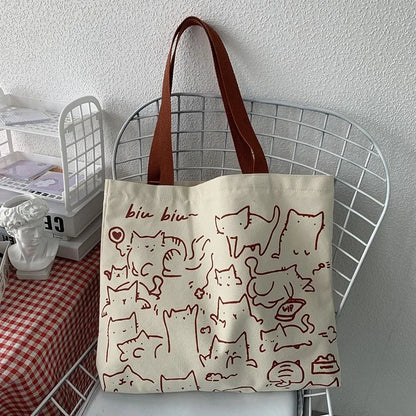 Canvas Bag Womens Handbag Shopping Bag Cute Cat Zipper Handbag Designer Bag Japanese Style Cartoon Small Shoulder Bag