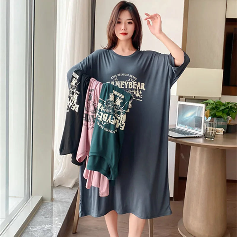 New Casual Sleepwear Woman Night Dress Lounge Home Wear Clothes Printed Short Sleeve Female Nightgowns Cotton Loose Nightshirt