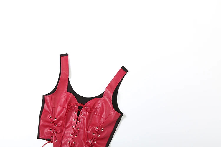 Kliou PU Leather Tank Tops Woman Low-Neck Shirring Backless Irregular Hem Skinny Stretch Hot Girls High Street Style Clothing