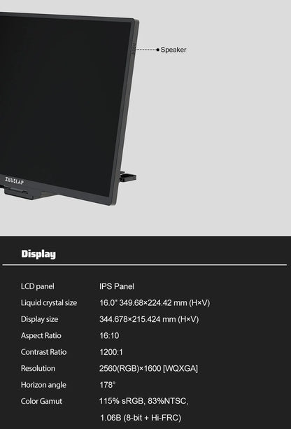 ZEUSLAP 16" Floatable Stacked Portable Monitor QHD 2560*1600P 400Nits 16:10 IPS Panel for Laptop Notebook Second Screen Display