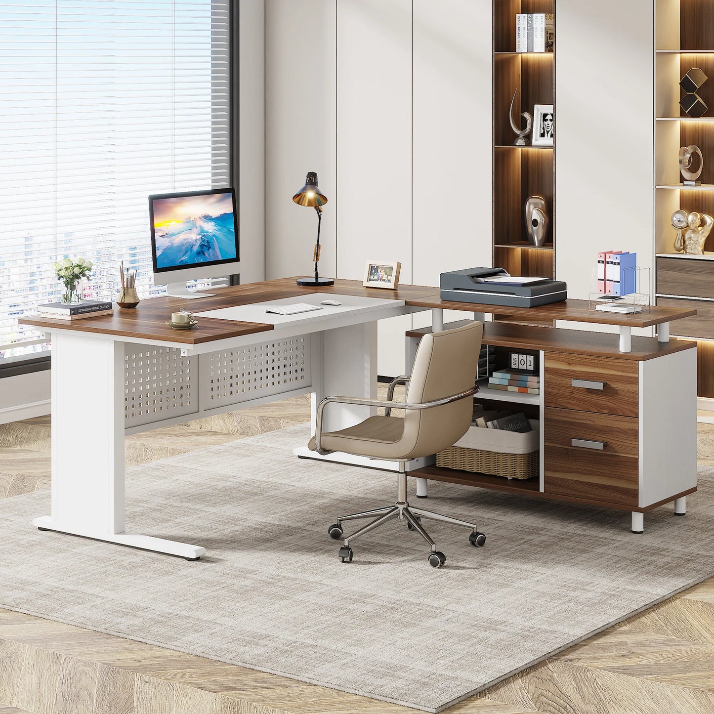 Tribesigns 63 Inch Executive Desk with File Cabinet, Large Office Desk L Shaped Computer Desk with Drawers and Storage Shelves