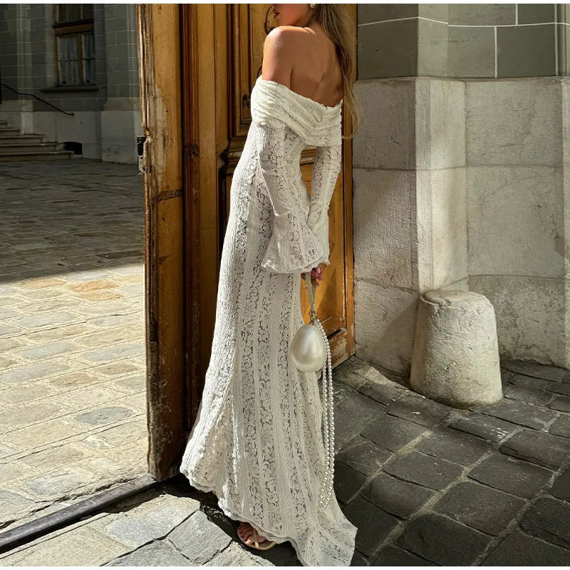 White Sexy Lace Flare Sleeve Dress Off Shoulder Slim Maxi Dresses Women 2024 Female Hollow Out Mermaid Floor Length Elegant Robe