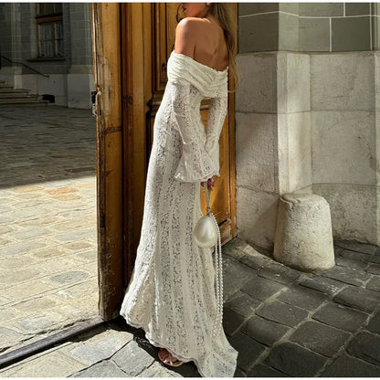 White Sexy Lace Flare Sleeve Dress Off Shoulder Slim Maxi Dresses Women 2024 Female Hollow Out Mermaid Floor Length Elegant Robe