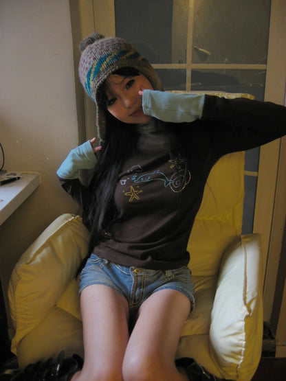 Karrram Japanese Y2k Turtleneck T-shirt Grunge Aesthetics Patchwork Tops Vintage Diamond Print Long Sleeve Tshirt Harajuku 2000s