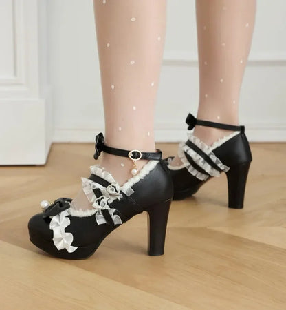 Cross Strap Women High Heels Mary Jane Pumps Party Wedding Cosplay White Pink Black Strawberry Bow Princess Cosplay Lolita Shoes