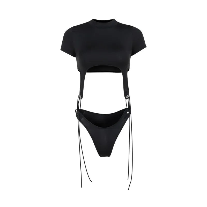 Short Sleeve Bodysuit, Mock Neck Women Y2k Clothes, Hollow Out One-Piece Body Feminino, Lace Up Club Outfits, Sexy Lingerie