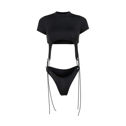 Short Sleeve Bodysuit, Mock Neck Women Y2k Clothes, Hollow Out One-Piece Body Feminino, Lace Up Club Outfits, Sexy Lingerie