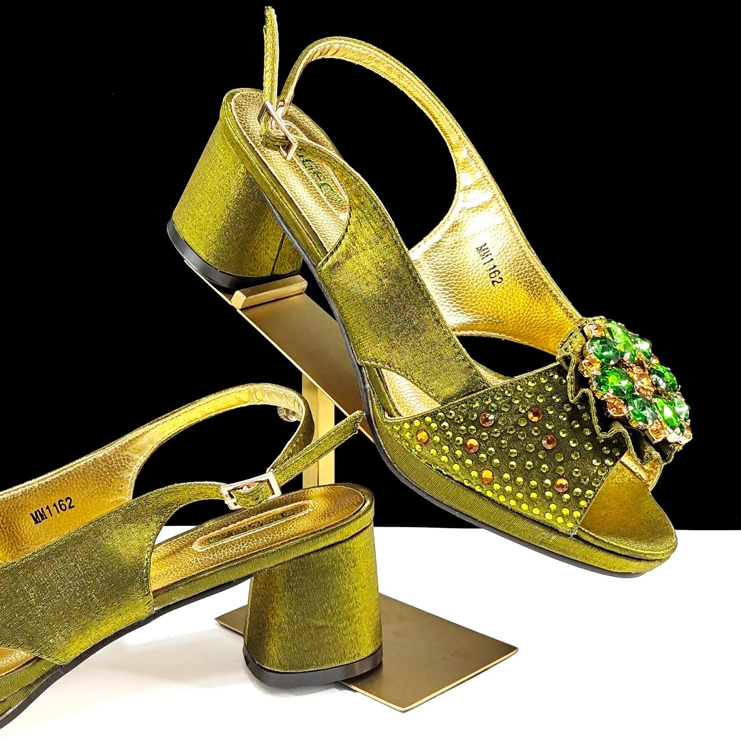 QSGFC Open Toe Women Heels for 2024 Elegant Party Olive Color Diamond Pumps Italian Shoes and Bags Matching Set