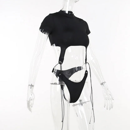 Short Sleeve Bodysuit, Mock Neck Women Y2k Clothes, Hollow Out One-Piece Body Feminino, Lace Up Club Outfits, Sexy Lingerie