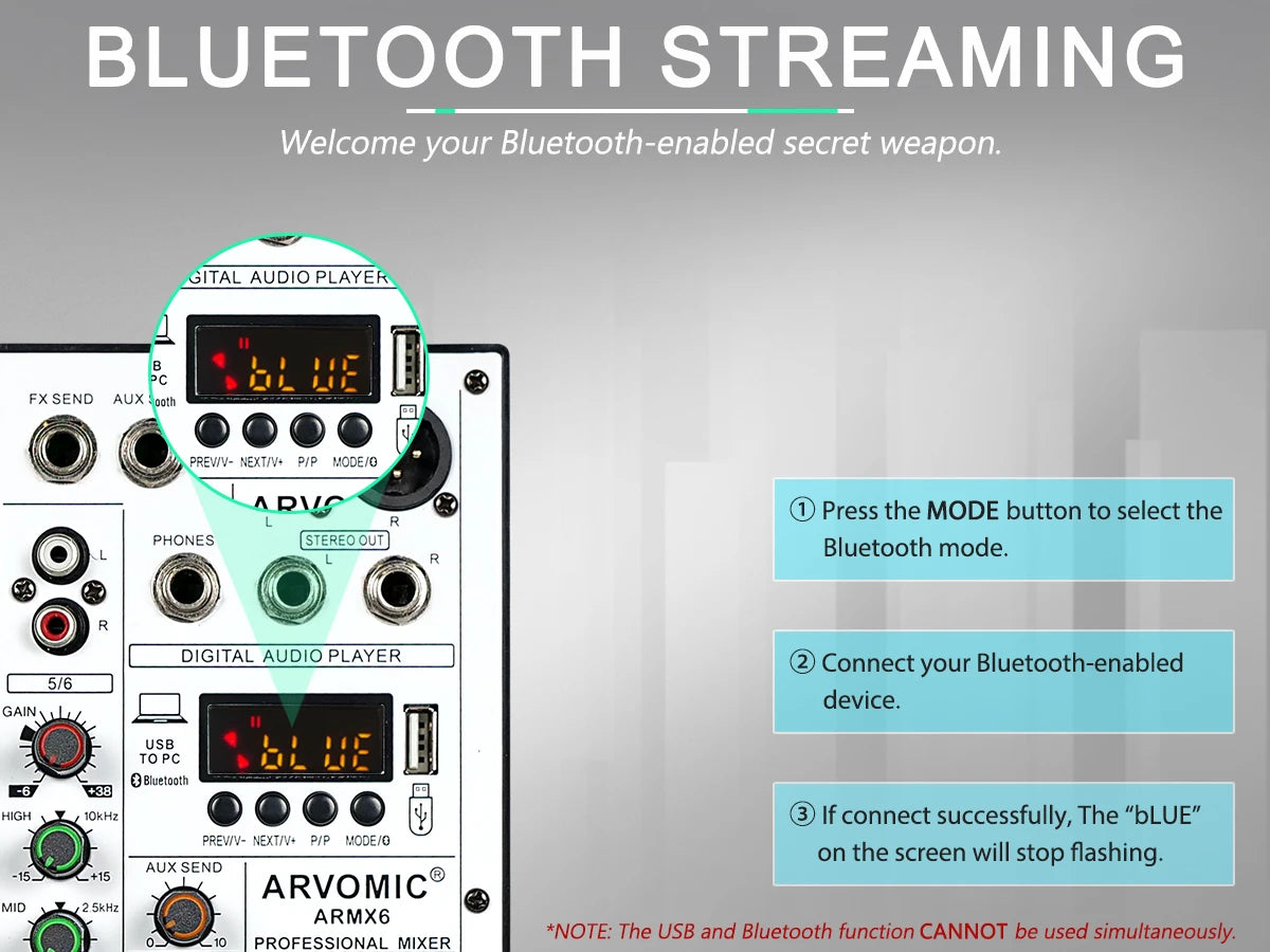 6-Channel Audio Mixer, DJ Mixer with USB Audio Interface, Bluetooth Function, 16 DSP Effects, and 3-Band EQ (ARMX-6)