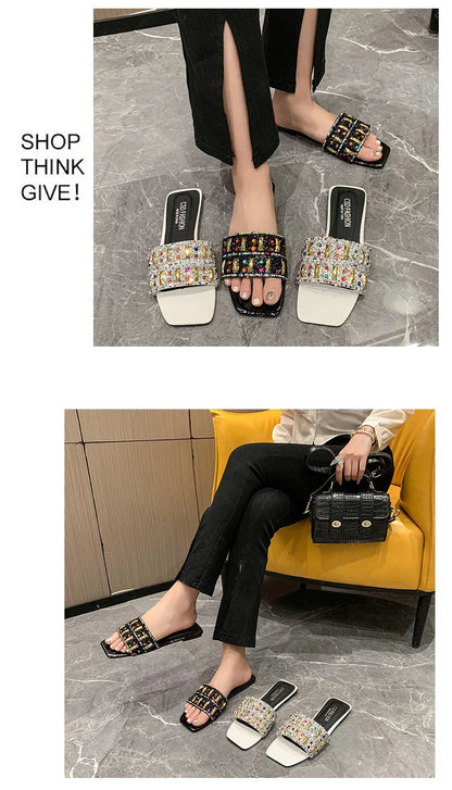 Slippers for Women Shiny Rhinestone Sandals Women Outdoor Beach Casual Shoes Sexy Fashion Big Size Flat Shoes Sandalias De Mujer