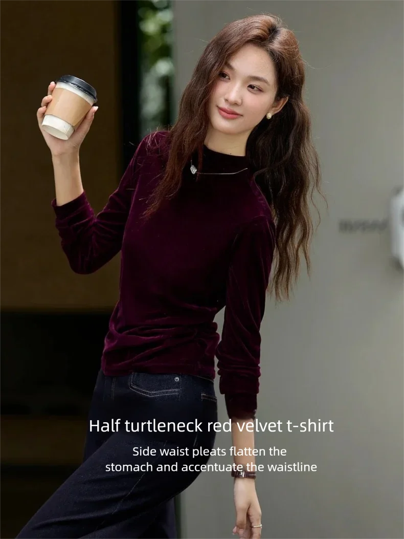 VIMLY Women's Red Velvet T-shirt Casual Knitted Slim Fit Tops Winter 2026 Vintage Mock Neck Folds Long Sleeve Ladies Tees A3305