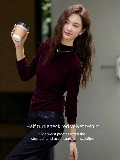 VIMLY Women's Red Velvet T-shirt Casual Knitted Slim Fit Tops Winter 2026 Vintage Mock Neck Folds Long Sleeve Ladies Tees A3305