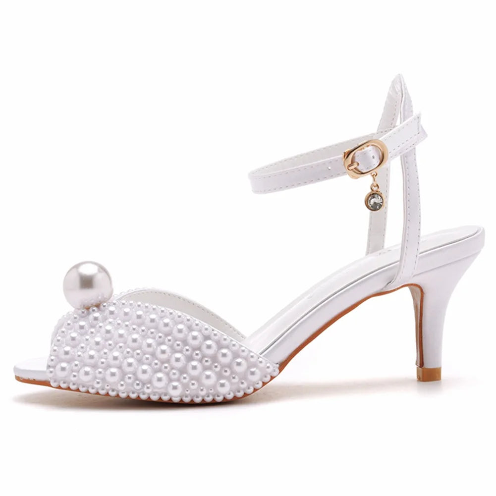 Maogu 6cm Fish Mouth High Heeled Sandals Buckle Wedding Bride Luxury Designer Shoes Heels Pearl Sandal Ladies Shoe Large Size 43