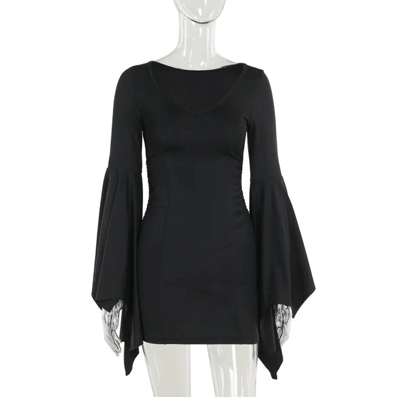 Goth Dark Cospaly Partywear Women Fashion Batwing Sleeve Mini Dress Elegant Slim Pleat Bodycon Dresses Mall Gothic Alt Teachwear