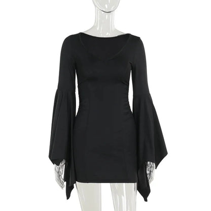 Goth Dark Cospaly Partywear Women Fashion Batwing Sleeve Mini Dress Elegant Slim Pleat Bodycon Dresses Mall Gothic Alt Teachwear