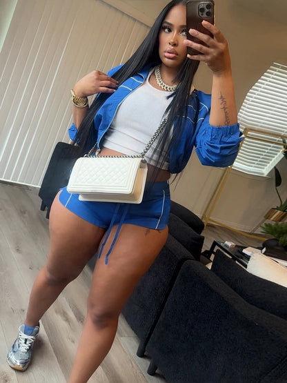 Weird Puss Casual Sporty 2 Piece Set Women Zipper Cardigan Polo-Neck Jacket+Drawstring Skinny Shorts Daily Fashion Tracksuits