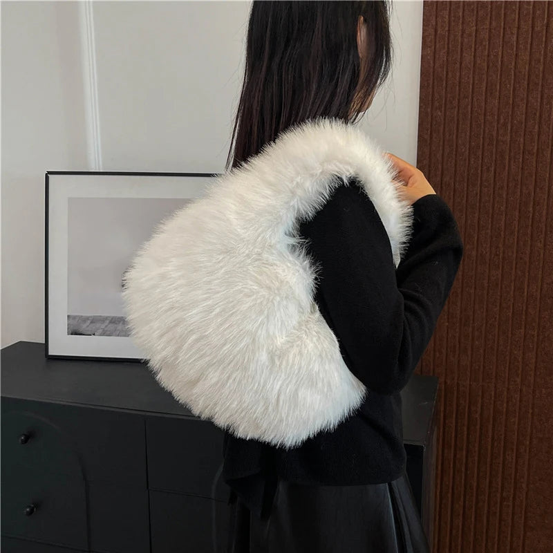 Winter Shoulder Bags Casual Furry for Women Solid Color Soft Plush Ladies Clutch Purse Handbags Lightweight Female Hobos Bag