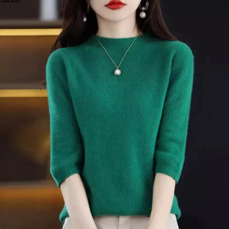 2026 New Soft Short Sleeve Women's Half High Neck Overhead Wool Blend Simple Loose Thin Seven Sleeve Woolen Sweater