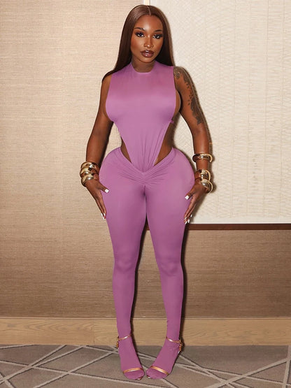 Weird Puss Sexy Women Tracksuit 2 Piece Set Sleeveless Side Split Bodysuit+Ruched Foot Leggings Matching Hipster Street Outfits