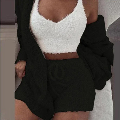 2026 New Women's Velvet Pajamas Set Sexy Crop Top+Shorts+Coat 3 Pieces Suit Sleepwear Casual Soft Clothes Homewear Pyjamas S-3XL