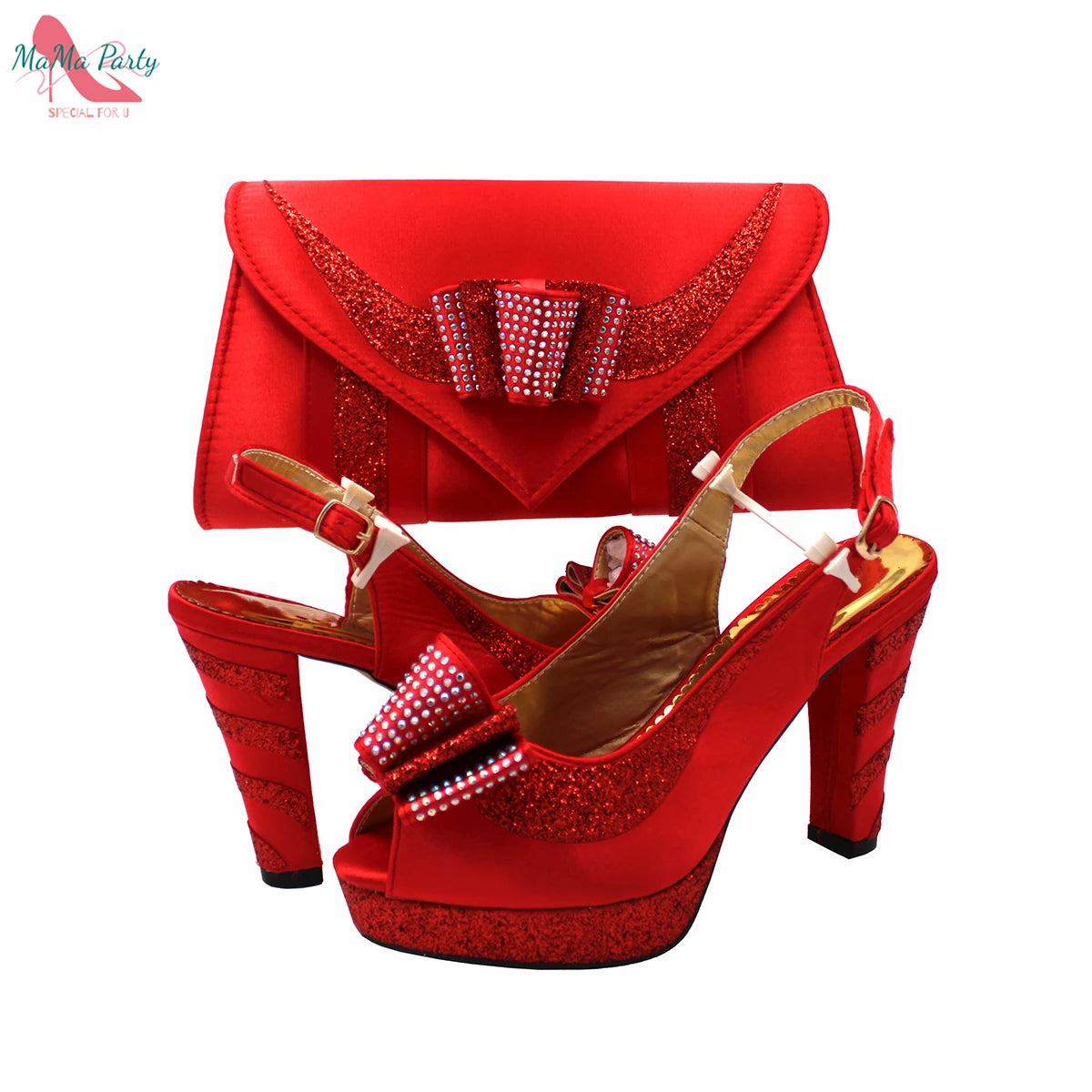 2025 Red Elegant Style Italian Women Shoes Matching Hand Bag Set  Slingbacks Sandals with Platform for Party