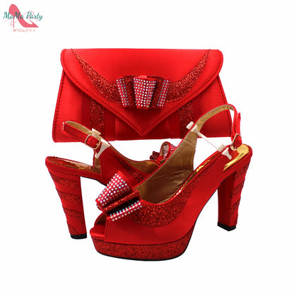 2025 Red Elegant Style Italian Women Shoes Matching Hand Bag Set  Slingbacks Sandals with Platform for Party