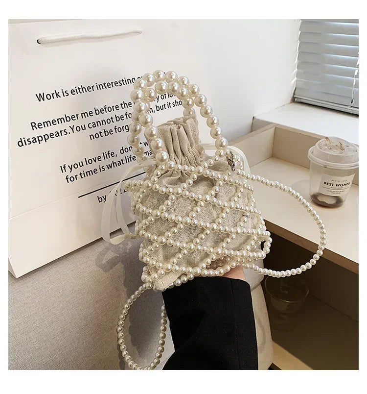 Women Pearl Bag Small Mini Tote Bucket Bag Woven Crossbody Hand Bags for Women Coin Purse Wallet Handbag Ladies Shoulder Bags